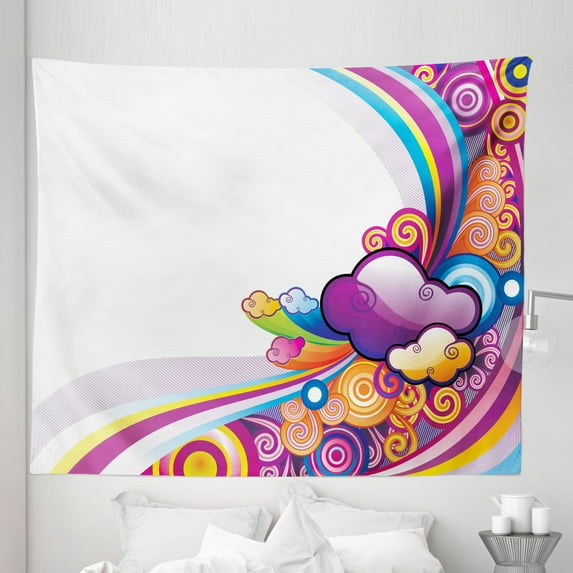 Cartoon Tapestry, Theme Rainbows Colored Clouds Lines Rounds Suns Print Image Print, Fabric Wall Hanging Decor for Bedroom Living Room Dorm, 5 Sizes, Multicolor, by Ambesonne