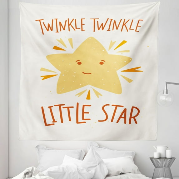 Cartoon Tapestry, Twinkle Little Star Phrase Happy Yellow Art Illustration, Fabric Wall Hanging Decor for Bedroom Living Room Dorm, 5 Sizes, Mustard Dark Orange, by Ambesonne