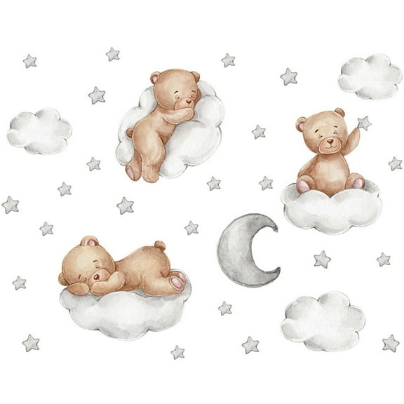 Cartoon Teddy Bear Clouds Moon and Stars Wall Stickers 30x90CM Home Interior Wall Art Decoration for Kids Room Baby Room Nursery