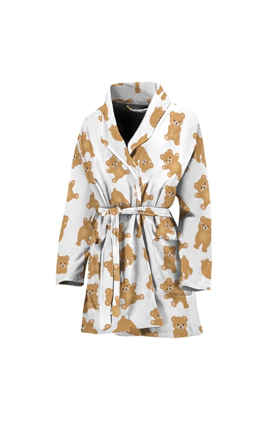 Cartoon Teddy Bear Pattern Women Bathrobe One Size Univeral Fits, Bear Fashion Lightweight Plush Fleece Long Robe For Women