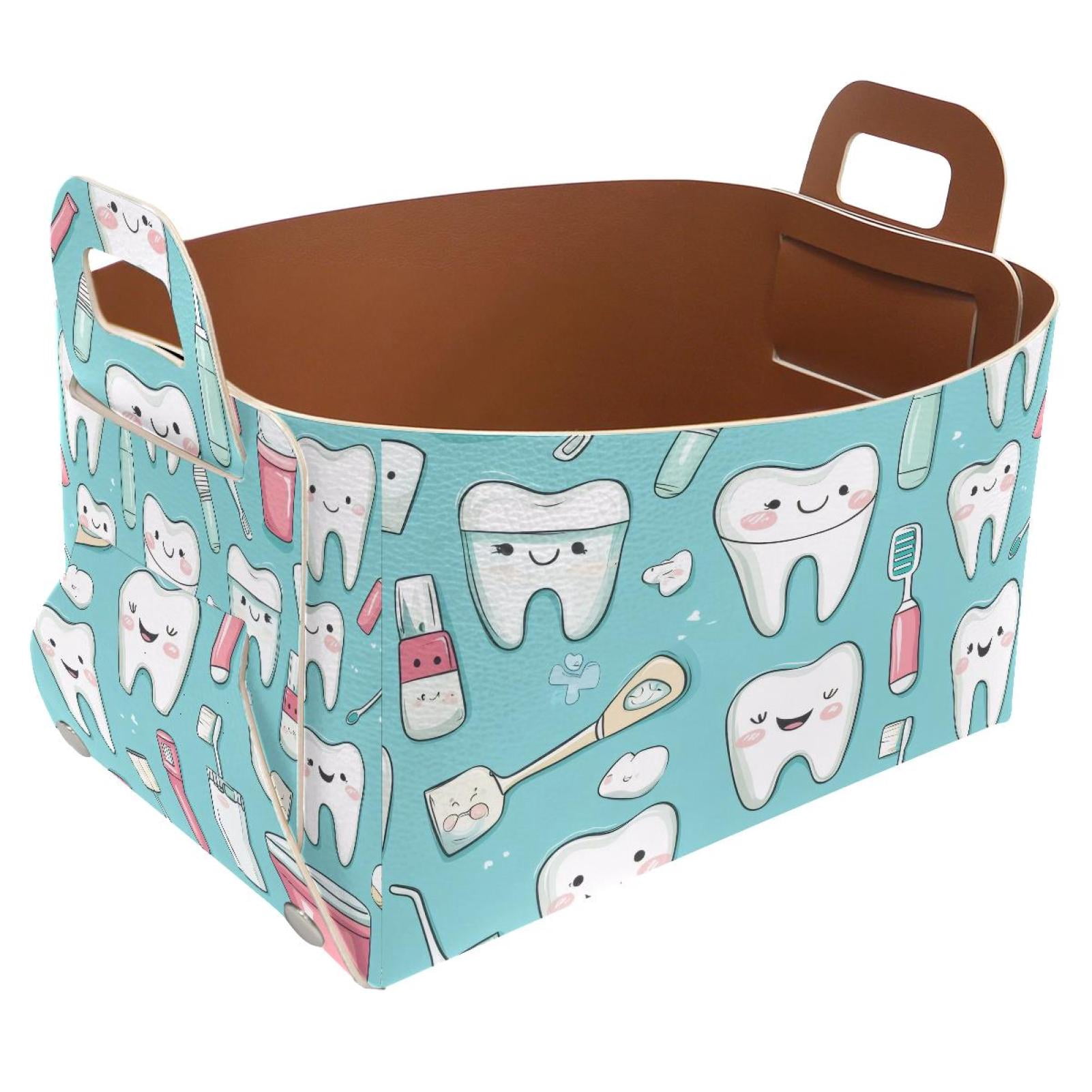 Cartoon Teeth Storage Basket Collapsible Storage Bin, PU Foldable Basket Convenient Box Storage Organizer with Handles for Shelves Office Bedroom Closet Nursery Toys Laundry