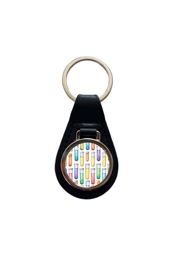 Cartoon Test Tubes Science Teacher Scientist Metal Black Leather Keychain