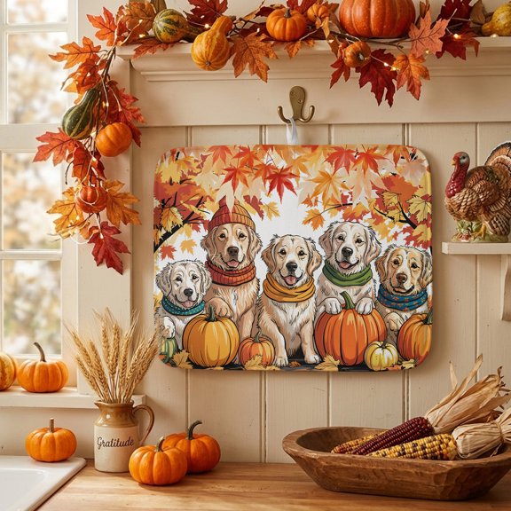 Cartoon Thanksgiving Puppy 1 Pack Dish Drying Mat,Absorbent Drying Pad Autumn Pumpkin Maple Leaf Microfiber Kitchen Countertop Protector Mats Dish Drainer Rack Mat for Dishes Cups Glassware,18x24in