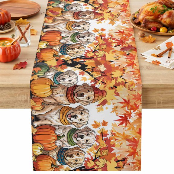 Cartoon Thanksgiving Puppy Table Runner 90 Inches Long, Autumn Pumpkin Maple Leaf Table Runners Tabletop Scarf Kitchen Dining Tables Decoration for Home Party Indoor Outdoor