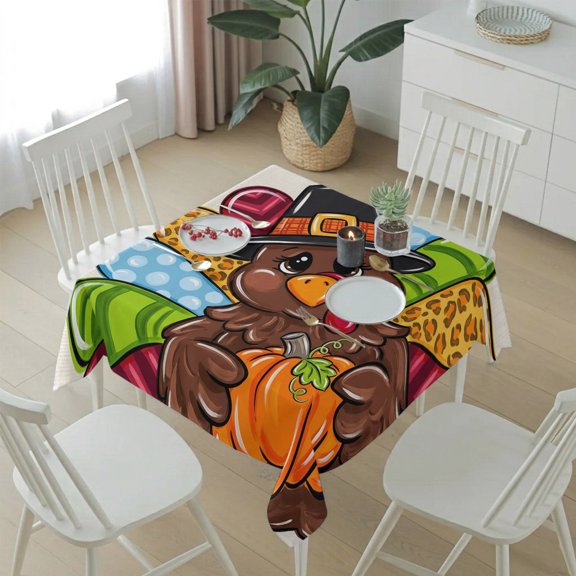 Cartoon Thanksgiving Turkey Table Cloth 54x54in, Waterproof Square Tablecloth Wipeable Tablecloths Holiday Motif Table Covers for Dining Tables Party Indoor Outdoor