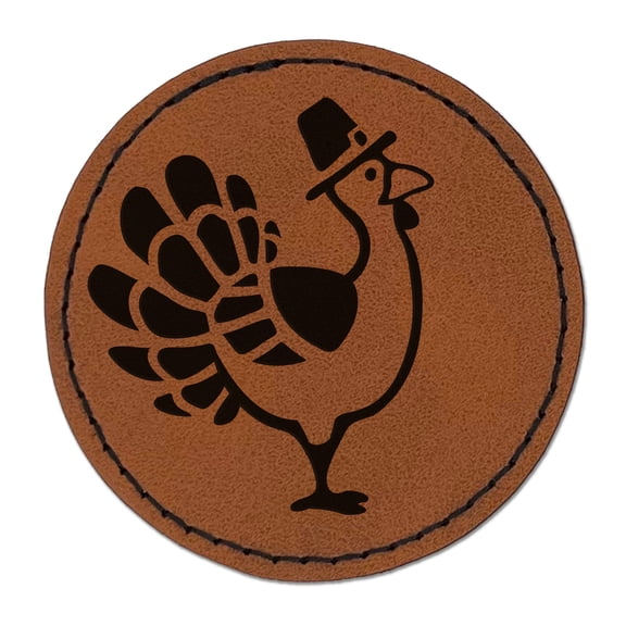 Cartoon Thanksgiving Turkey with Pilgrim Hat 2.5" Faux Leather Round Engraved Iron-On Patch - Brown
