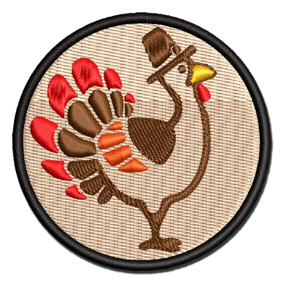 Cartoon Thanksgiving Turkey with Pilgrim Hat Applique Multi-Color Embroidered Hook & Loop Patch - 3.5 Inch Large