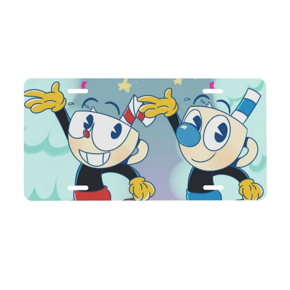 Cartoon The Cuphead Show License Plate Cover Aluminum Novelty Vanity Tag Protection License Plate Tag Sign Decorative For Various Car Truck Models