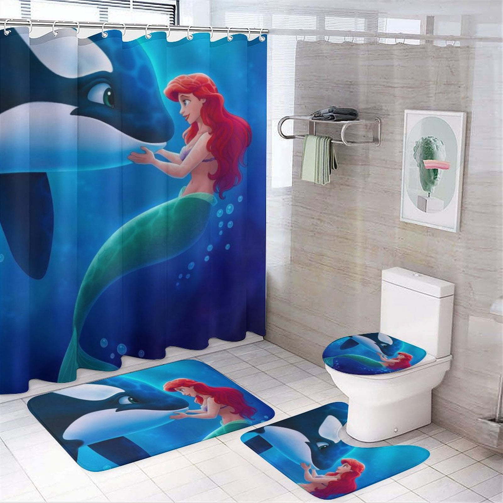 Cartoon The Little Mermaid Shower Curtain Sets, 72''x72'' Cute Bath