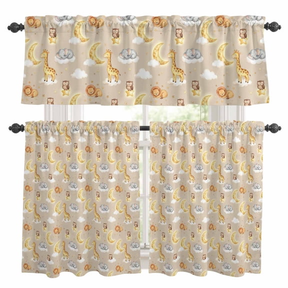 Cartoon Theme Kitchen Curtains Valance and Tier Set Animals Giraffe Elephant Lion Owl Moon Dream Rod Pocket Short Curtains for Small Window 3 Pieces Set for Bedroom Cafe (54" x 18"+27" x 24")