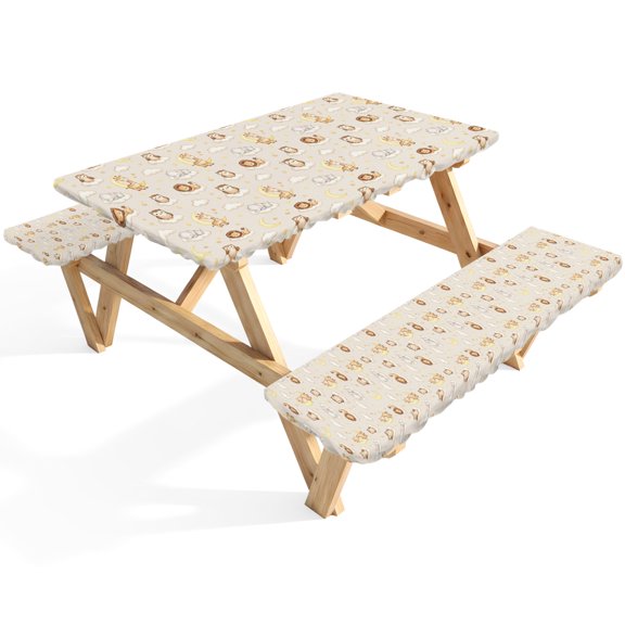 Cartoon Theme Picnic Table Cover with Bench Covers Giraffe Elephant Lion Owl Moon Stars Dreamy Waterproof Fitted Picnic Tablecloth 3 Pieces Set Table Cloth for Outdoor Camping Garden BBQ