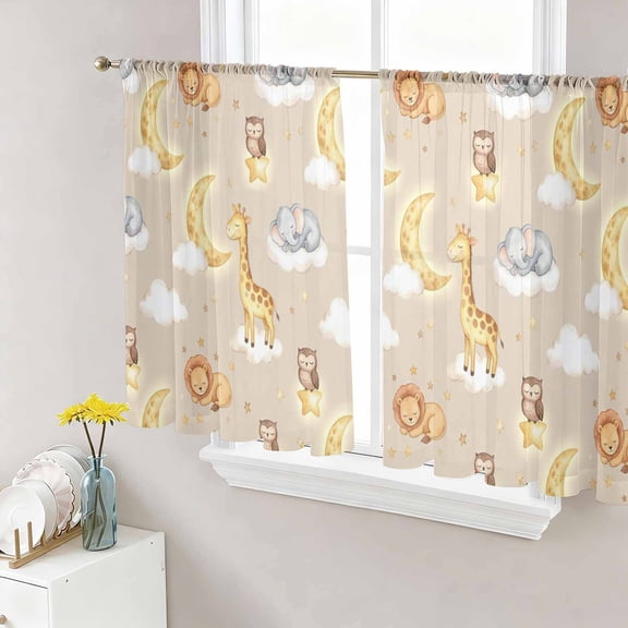 Cartoon Theme Sheer Curtains for Living Room Bedroom, Animals Pattern Giraffe Elephant Lion Owl Moon Dream Light Filtering Sheer Curtain Rod Pocket Voile Window Treaments Drapes, 52 x 45 Inches