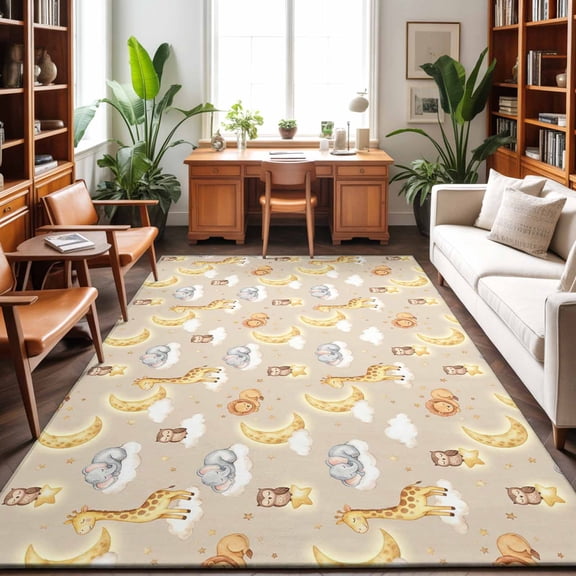 Cartoon Theme Washable Area Rug 9 x 12 ft Animals Giraffe Elephant Lion Owl Moon Dream, Soft Non Slip Rugs Stain Repellent Indoor Felt Carpet for Living Dining Room Bedroom Home Office