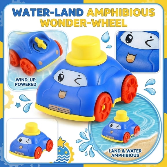 Cartoon-Themed Fun Spring-Powered Land and Water Toy Car, Wind-Up Amphibious Vehicle for Kids, Blue