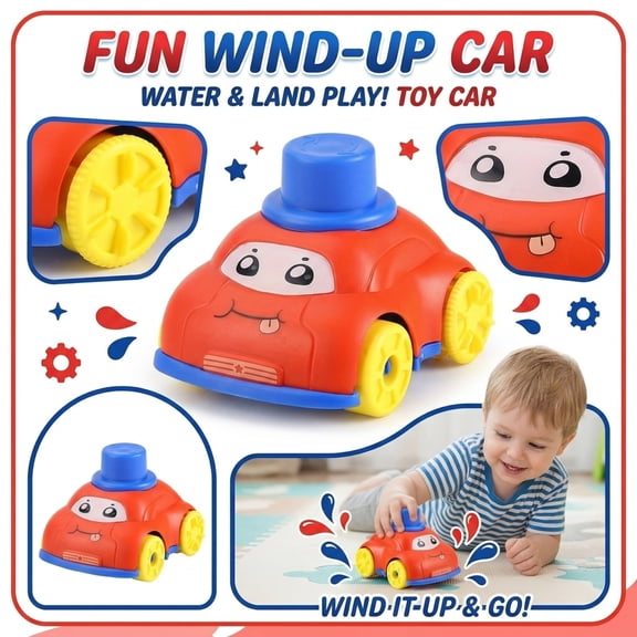 Cartoon-Themed Fun Spring-Powered Land and Water Toy Car, Wind-Up Amphibious Vehicle for Kids, Red