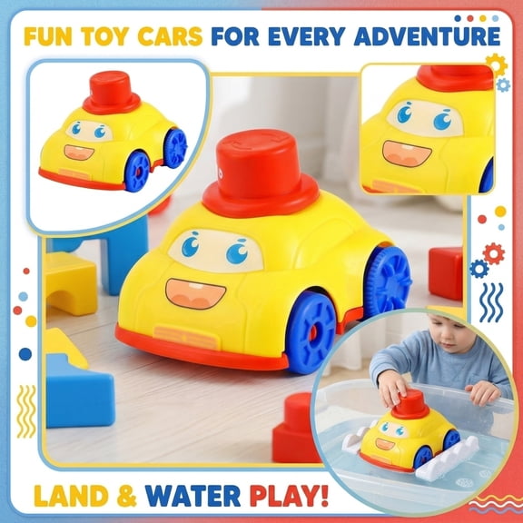 Cartoon-Themed Fun Spring-Powered Land and Water Toy Car, Wind-Up Amphibious Vehicle for Kids, Yellow