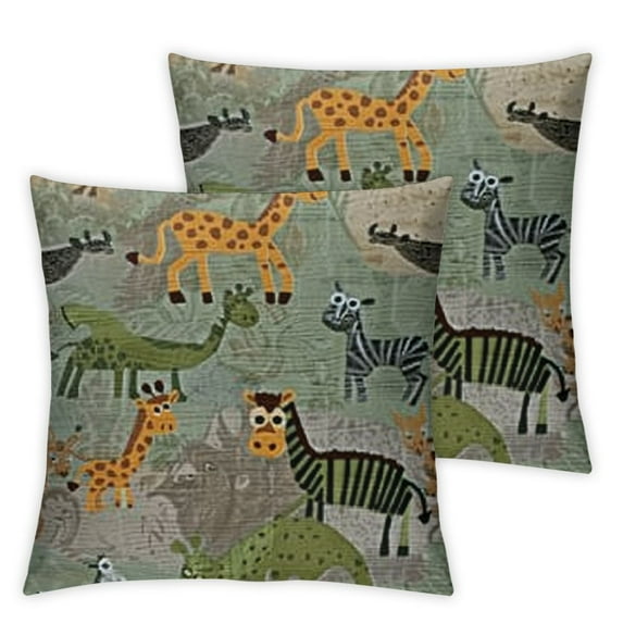 Cartoon Throw Pillow Cushion Case, Animals Cat Fox Giraffe Cow Repetitive, Decorative Square Accent Pillow Cover,Jade Green Multicolor