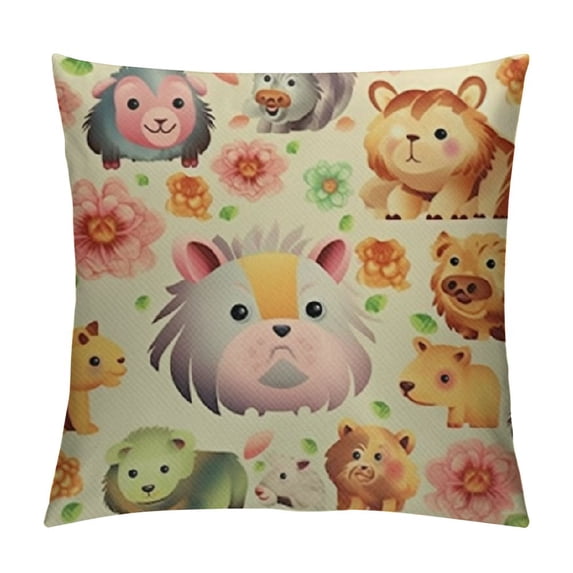 Cartoon Throw Pillow Cushion Case, Animals with Simplistic Art Design Lion Bear Bunny Cow with Flowers, Decorative Square Accent Pillow Cover, , Multicolor