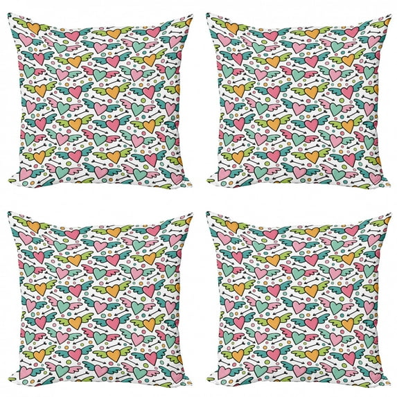 Ambesonne Cartoon Throw Pillow Cover 4 Pack, Hearts with Wings and Dots, 24", Multicolor