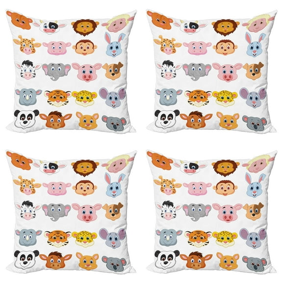Ambesonne Cartoon Throw Pillow Cover 4 Pack, Farm and Savannah Animals, 24", Multicolor