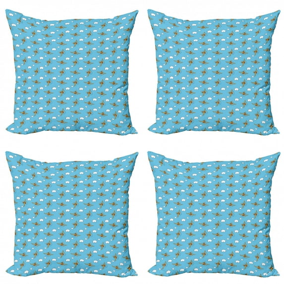 Ambesonne Cartoon Throw Pillow Cover 4 Pack, Clouds and Plane Pilot, 24", Sky Blue Pale Coffee
