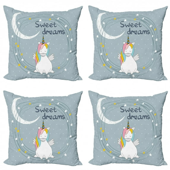 Ambesonne Cartoon Throw Pillow Cover 4 Pack, Night Unicorn Moon, 24", Blue Grey Multicolor