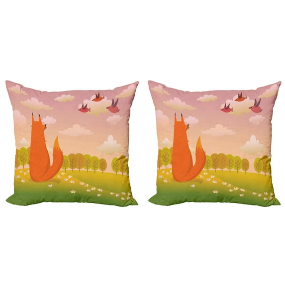 Ambesonne Cartoon Throw Pillow Cover 2 Pack, Animal Fox Wildlife, 20", Orange Lilac Green