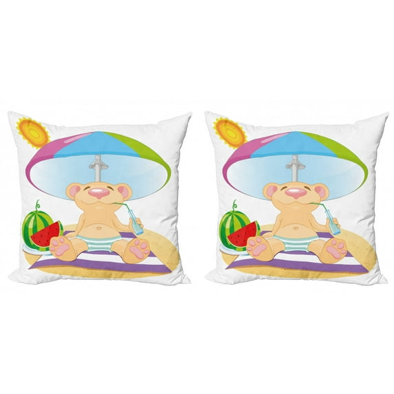 Ambesonne Cartoon Throw Pillow Cover 2 Pack, Beach Sun Summer Day, 18", Multicolor