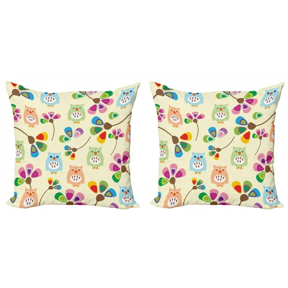 Ambesonne Cartoon Throw Pillow Cover 2 Pack, Owls Flowers Room, 24", Multicolor