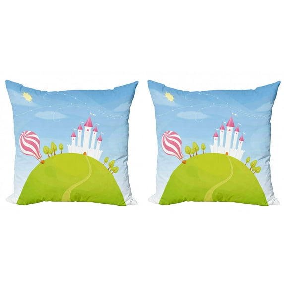 Ambesonne Cartoon Throw Pillow Cover 2 Pack, Hills Hot Air Balloon, 24", Multicolor