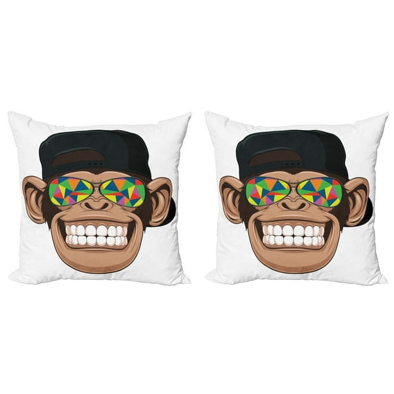 Ambesonne Funny Throw Pillow Cover 2 Pack, Hipster Monkey Glasses, 24", Brown Black White