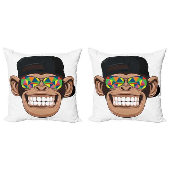 Ambesonne Funny Throw Pillow Cover 2 Pack, Hipster Monkey Glasses, 24", Brown Black White
