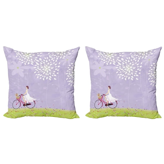 Cartoon Throw Pillow Cushion Cover Pack of 2, Girl Riding Bike Windy Weather in the Garden with Grass Artwork, Zippered Double-Side Digital Print, 4 Sizes, Apple Green Lavender, by Ambesonne