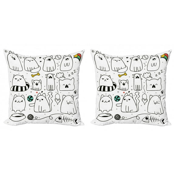 Ambesonne Cartoon Throw Pillow Cover 2 Pack, Sketchy Cats with, 18", Multicolor