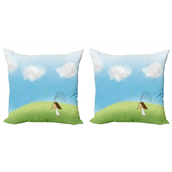 Ambesonne Cartoon Throw Pillow Cover 2 Pack, Girl Chasing Butterflies, 16", Pale Sky Blue Lime Green