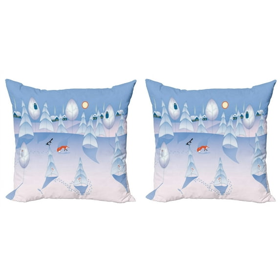 Ambesonne Cartoon Throw Pillow Cover 2 Pack, Winter at Woods Animals, 18", Multicolor