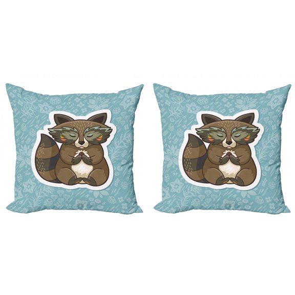 Ambesonne Cartoon Throw Pillow Cover 2 Pack, Raccoon on Meadow, 18", Dark Green Turquoise