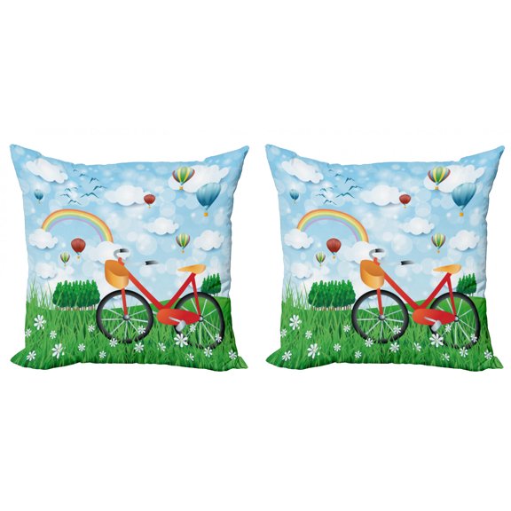 Ambesonne Cartoon Throw Pillow Cover 2 Pack, Spring Landscape with Bike, 18", Multicolor