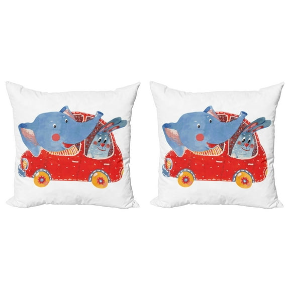 Ambesonne Animal Throw Pillow Cover 2 Pack, Funny Animal in a Car, 18", Blue Red White