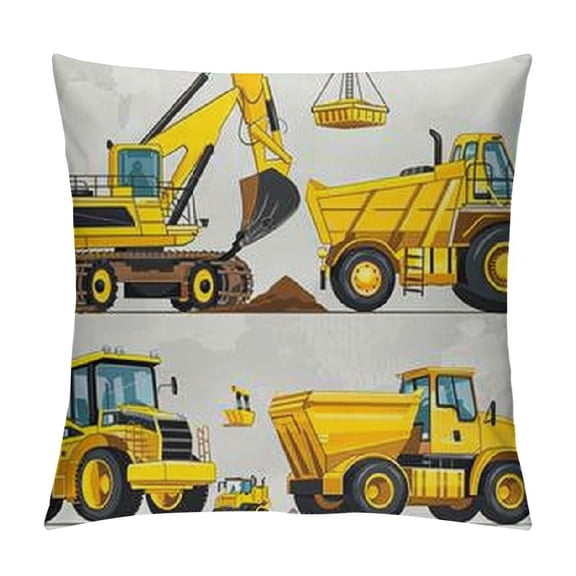 Cartoon Throw Pillow Cushion Cover, Style Heavy Machinery Truck Crane Digger Mixer Tractor Construction, Decorative Square Accent Pillow Case, Yellow and Grey