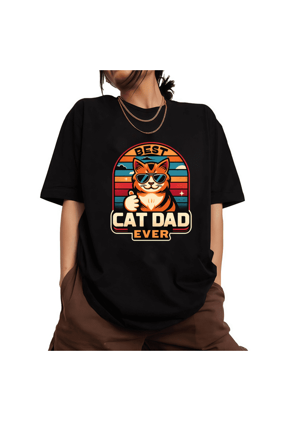 Cartoon Thumbs Up Best Cat Dad Ever Print Tshirt Black S-5XL Cool Tabby Cat Graphic Tees Shirts Tops
