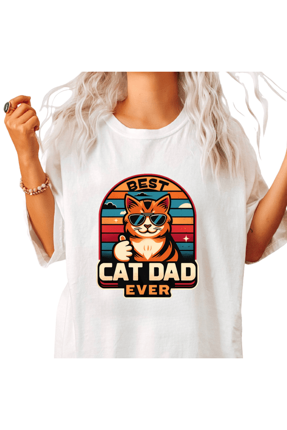 Cartoon Thumbs Up Best Cat Dad Ever Print Tshirt White S-5XL Cool Tabby Cat Graphic Tees Shirts Tops