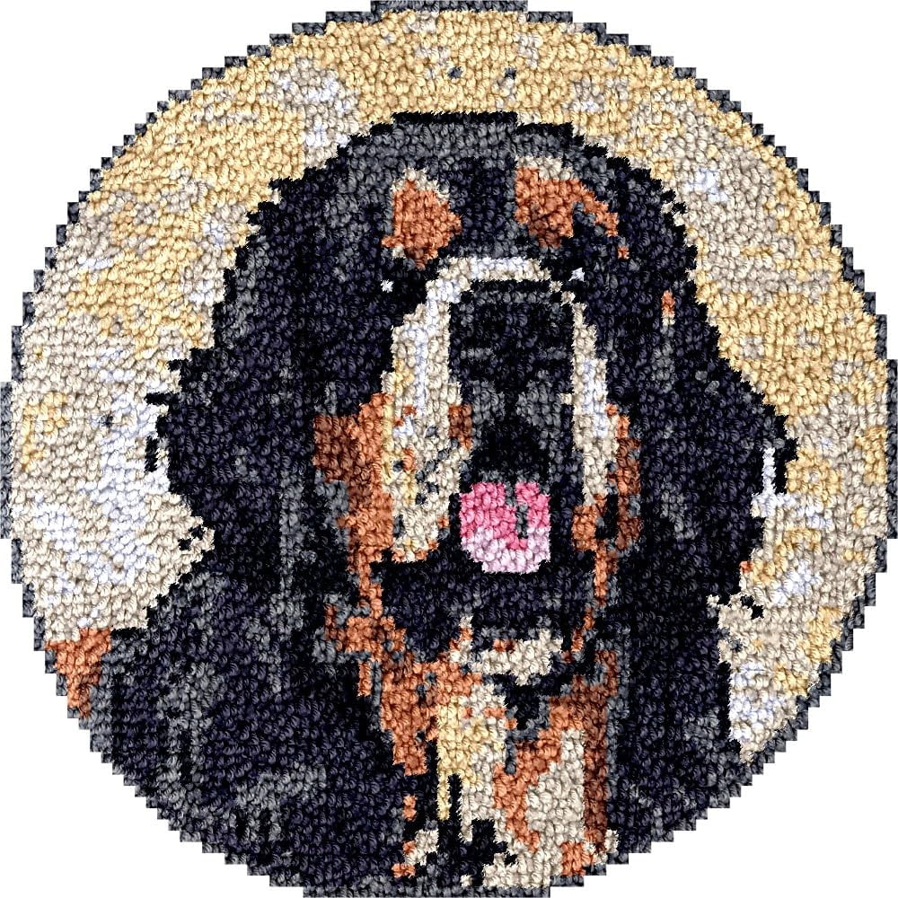 Cartoon Tibetan Mastiff Latch Hook Round Rug Kits Set for Starter Crochet Handmade Hooking Cushion Mat Sofa Seat Cushion Crocheting Kits with Preprinted Canvas Crochet Yarn Kits 50X50CM (r38)