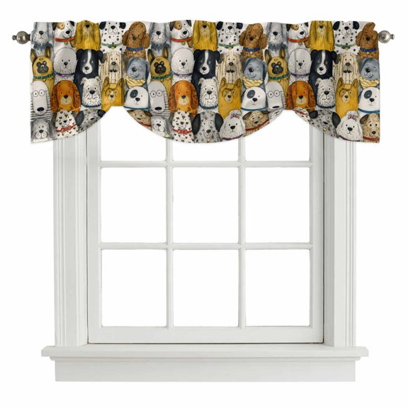 Cartoon Tie Up Valances Curtain, Colorful Watercolors Cute Crowded Dog Furry Animals Adjustable Valance for Window Light Filtering for Kitchen and Bathroom Rod Pocket 1 Panel 42x12in