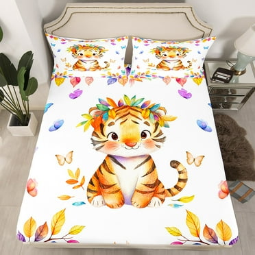 Cartoon Tiger Bed Sheets Cute Animal Fitted Sheet Twin Size, Kawaii Woodland Wildlife Bedding Multicolor Leaves Sheet, Girly Butterfly Bed Cover (Deep Pocket)（No Top Sheet）