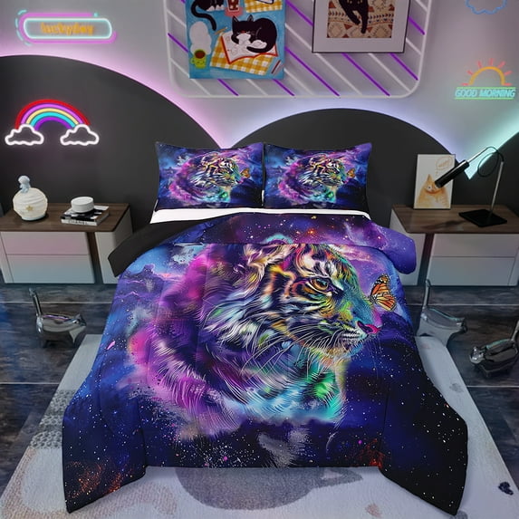 Cartoon Tiger Comforter Set King Watercolor Animal Bedding Set , Psychedelic Galaxy Stars Bedding Comforter Sets Rainbow Graffiti Duvet Set, Nebula Cosmos Quilted Comforter
