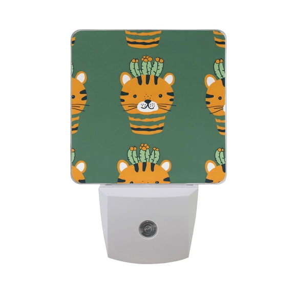 Cartoon Tiger Face with Cactus Night Light 2 Pack LED Nightlight Plug into Wall Dusk to Dawn Sensor Soft White