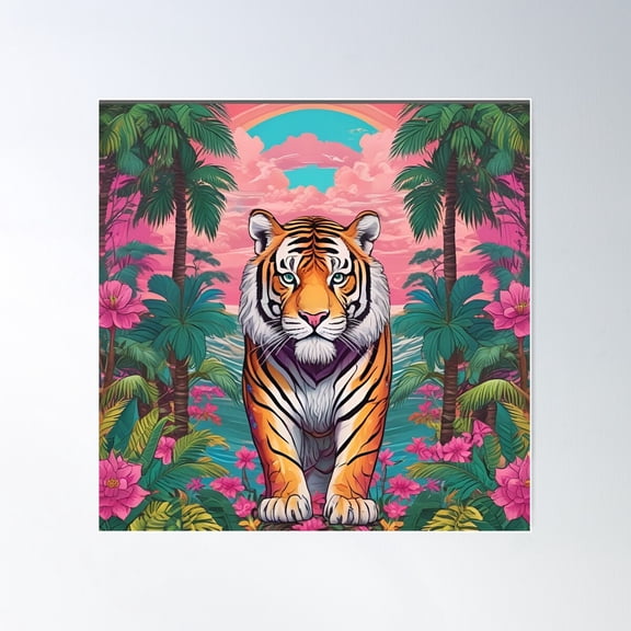 Cartoon Tiger In Flowery Place Poster Wall Art, Modern Wall Decor For Living Room Bedroom, 30x30 UNFRAMED