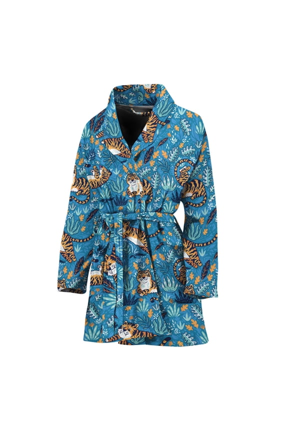 Cartoon Tiger Pattern Women Bathrobe One Size Univeral Fits, Tiger Wide Animal Fashion Lightweight Plush Fleece Long Robe For Women