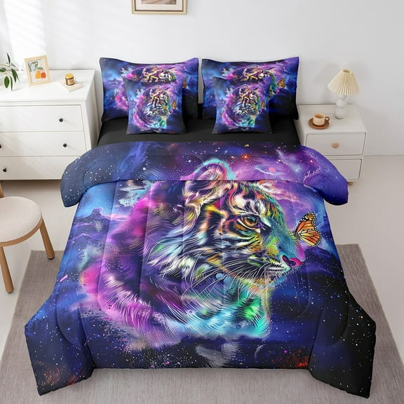 Cartoon Tiger Twin Comforter Set 7-Piece Watercolor Animal Bedding Comforter Sets Psychedelic Galaxy Stars Bed in a Bag Rainbow Graffiti Bedding Set Trippy Nebula Cosmos Bed Sheets Set